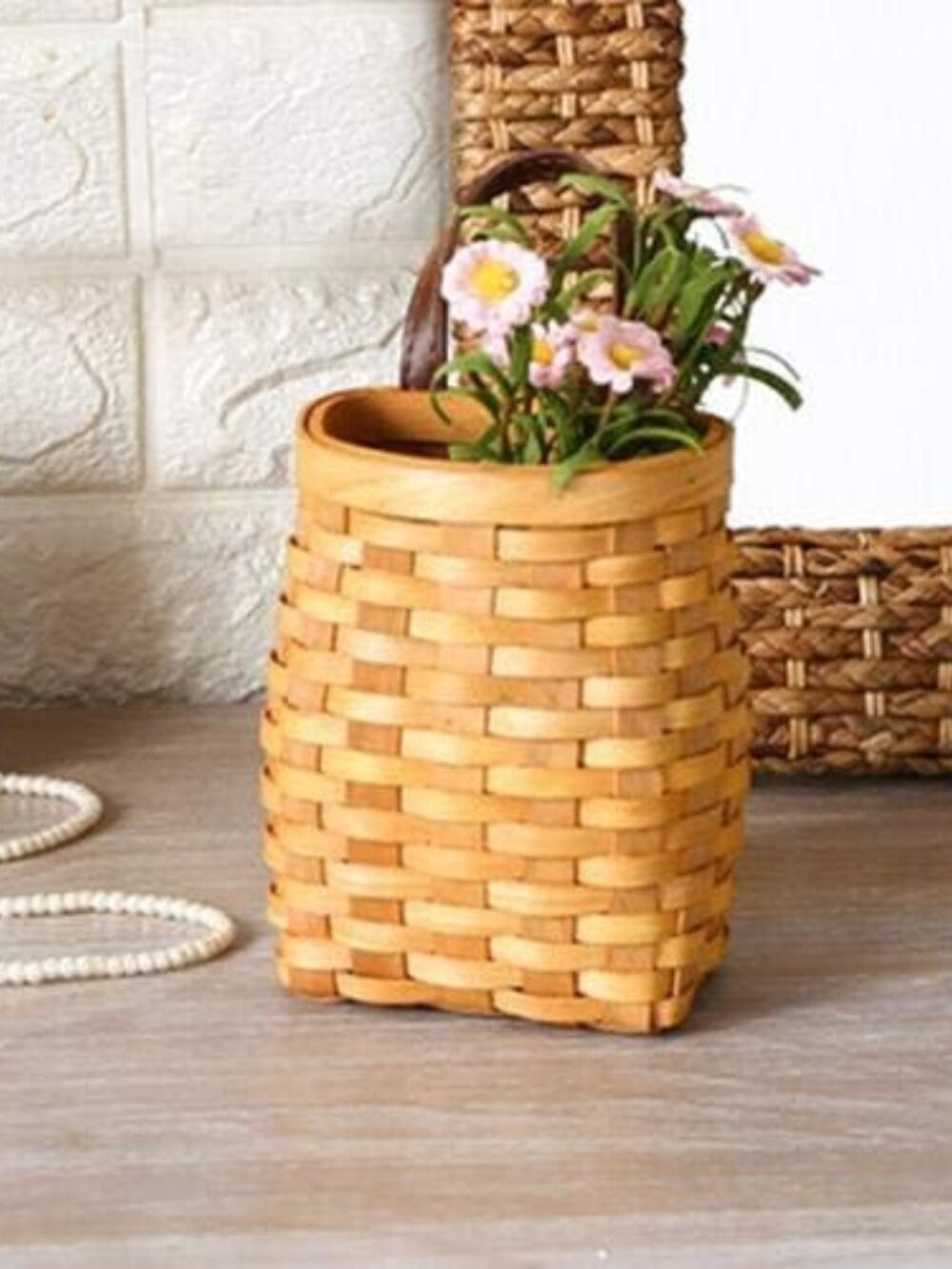 hanging wicker basket Hand-Woven Wood Storage Basket Portable Wall Hanging Flowe - Picture 5 of 6